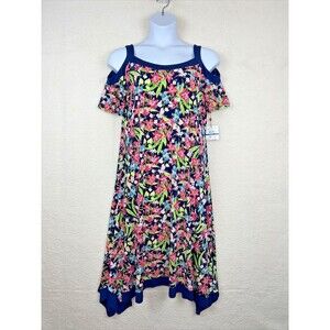 Rafaella Dress Blue Pink Green Lily Floral Cold Shoulder Handkerchief Hem Sz XL